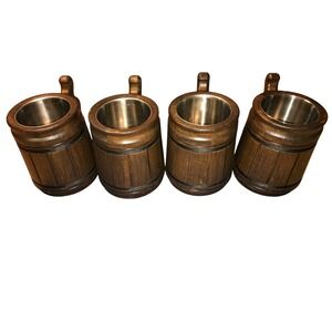 Set Wooden Barrel Beer Mugs Stainless Steel Liner Renaissance Medieval Festival